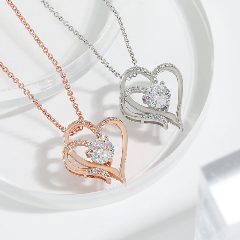 CZ Double Heart Necklace With Rhinestones