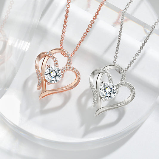 CZ Double Heart Necklace With Rhinestones