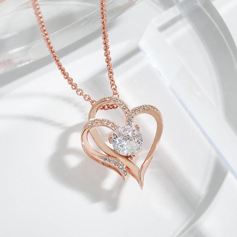 CZ Double Heart Necklace With Rhinestones