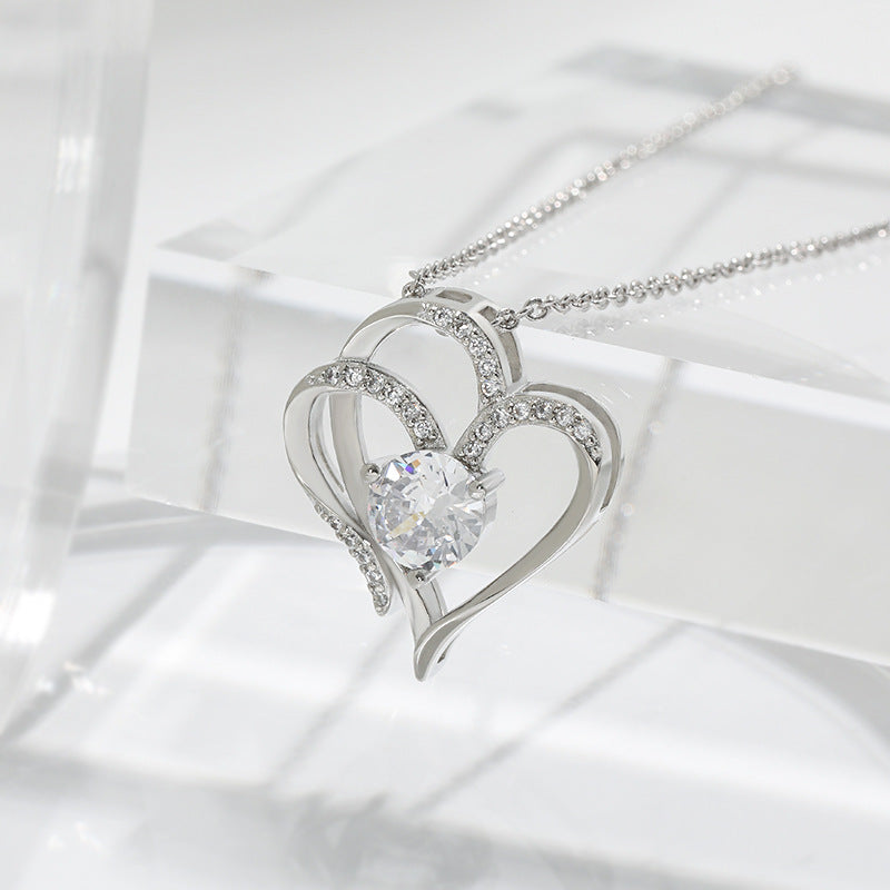 CZ Double Heart Necklace With Rhinestones